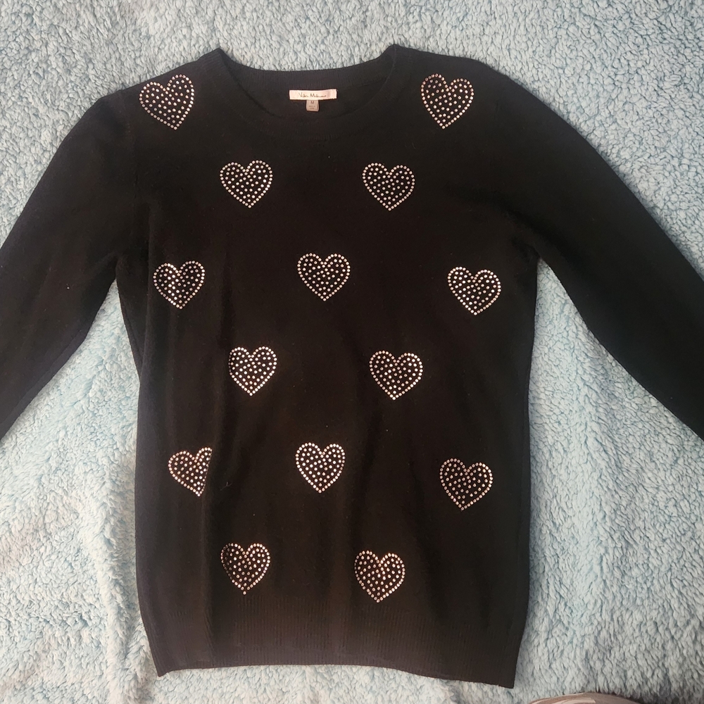 Heart-Embellished Crewneck Sweater - Black
